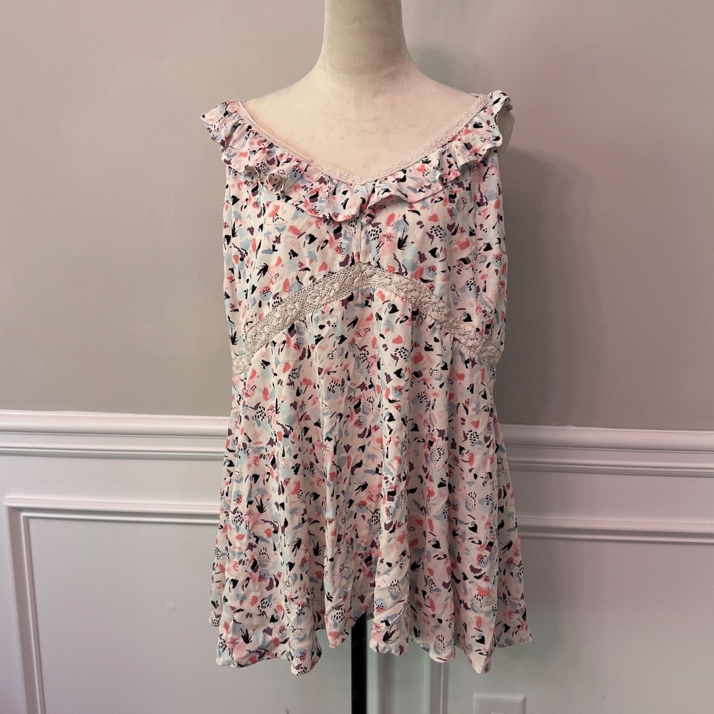 Abstract Print Y2K Ruffle Lace Trim Babydoll Empire Waist Top Pink 2 - Picture 2 of 14